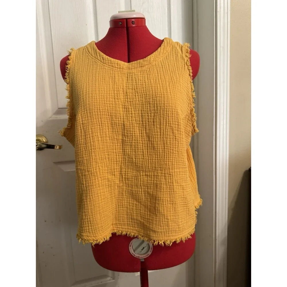 Thread & Supply Gauze Cotton Tank Top L Mustard Yellow Fringe Sleeveless Boho